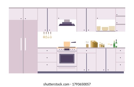 Modern kitchen interior vector illustration. Cartoon flat background design of kitchen furniture and appliances refrigerator or cupboard.