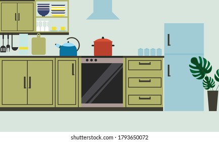 Modern kitchen interior vector illustration. Cartoon flat background design of kitchen furniture and appliances refrigerator or cupboard.