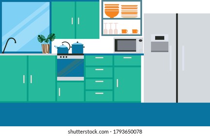 Modern kitchen interior vector illustration. Cartoon flat background design of kitchen furniture and appliances refrigerator or cupboard.