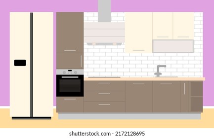 Ilustración vectorial de cocina moderna. Mobiliario de cocina de diseño plano.