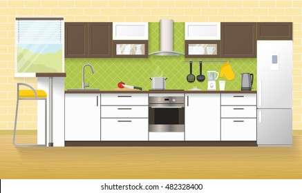 Modern kitchen interior with white brown furniture cooker hood household appliances beige wall and floor vector illustration