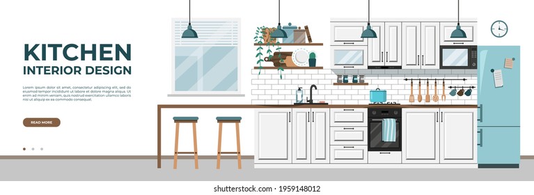 Modern kitchen interior with white furniture background template.Dinner room vector illustration in flat style.Household objects and cooking utensils. Cups, microwave, table, stove, refrigerator.