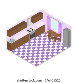 the modern kitchen interior, wooden furniture, purple color,  isometry.