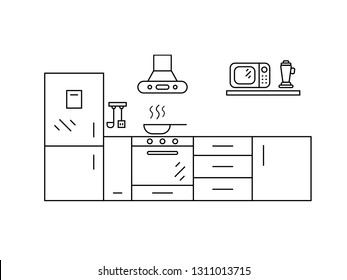 Modern kitchen interior.Sketch of the kitchen.linear flat style.Vector.