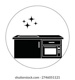 Modern kitchen island featuring built in microwave and sparkling decor accents