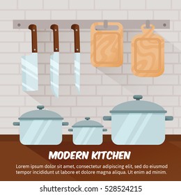 Modern kitchen. Knife set, kitchen boards, pots