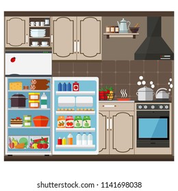 Cocina moderna con gran frigorífico, armarios y utensilios de cocina. Vector ambientado en el tema de cocina y cocina.