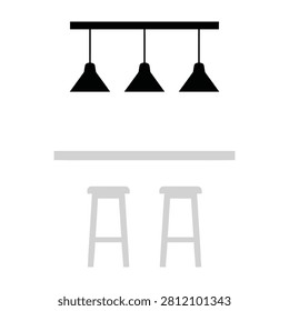 Modern kitchen lighting fixture with three lamps above gray bar stools on white background
