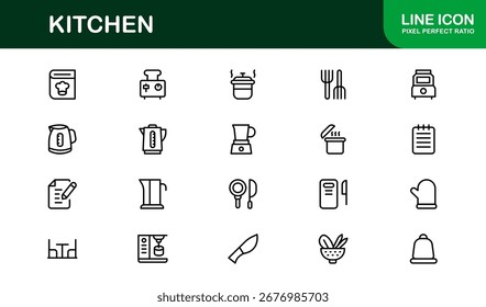 Conjunto de ícones de linha de cozinha moderna - ícones de vetor minimalista profissional para cozinhar, assar e temas culinários