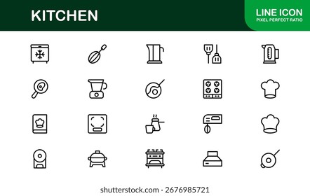 Conjunto de iconos de línea de cocina moderna: iconos vectoriales minimalistas de Profesional para cocinar, hornear y temas culinarios