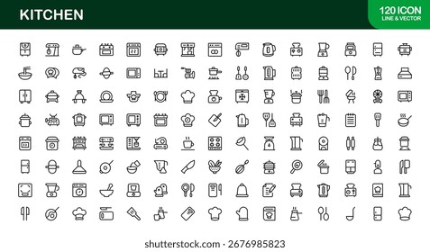 Modernes Kitchen Line Icon Set - Professionelle minimalistische Vektorsymbole zum Kochen, Backen und Kulinarisches