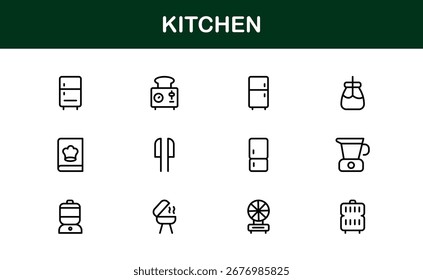 Conjunto de ícones de linha de cozinha moderna - ícones de vetor minimalista profissional para cozinhar, assar e temas culinários