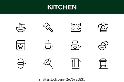 Conjunto de ícones de linha de cozinha moderna - ícones de vetor minimalista profissional para cozinhar, assar e temas culinários