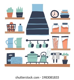 Modern kitchen in a loft style. Home decor concept. , houseplant, jar of cereals, plates, cutting boards, clock, extractor hood. Kitchen utensils and modern home illustration.