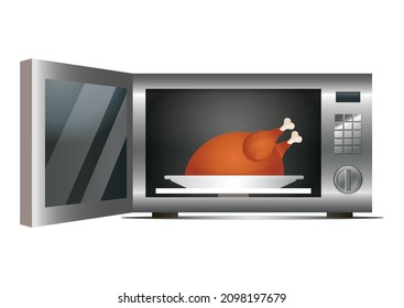 Modern kitchen microwave isolated on white background. Open microwave with cooked chicken