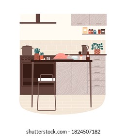 Modern kitchen minimalistic interior vector flat illustration. Comfortable cooking area with ingredients for dinner at table isolated. Empty furnishing home culinary room with chicken and spices