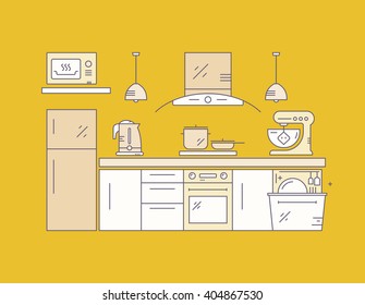 Modern kitchen on yellow background. House decor concept. Kitchen appliances and modern house illustration.