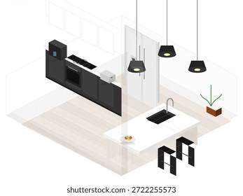 Uma cozinha moderna com um layout aberto. Há armários e aparelhos pretos, uma mesa branca e uma pequena planta. A área de cozimento inclui uma placa de fogão e uma pia.