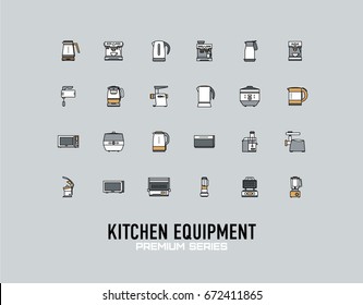 Modern kitchen premium series equipment line icons