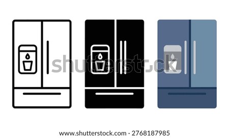 Modern kitchen refrigerator icon collection in line, solid, and flat styles showing cooling, storage, freshness, and ice.