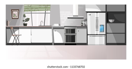 Modern kitchen room with appliances vector illustration. Gray domestic kitchen area with counter, fridge, oven and window. Interior illustration