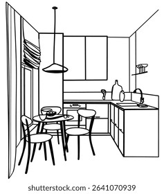 Modern kitchen room design. Kitchen interior, draft. Kitchen furniture. Simple room in a linear style. Vector illustration, lines, projection. 3D vector sketch. Kitchen island, pendant lights