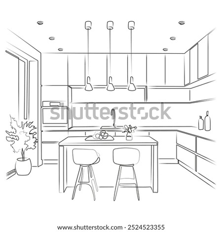 Modern kitchen room design. Kitchen interior, draft. Kitchen furniture. Simple room in a linear style. Vector illustration, lines, projection. 3D vector sketch. Kitchen island, pendant lights.
