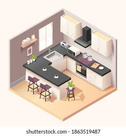 Modern kitchen room interior with furniture and household appliances in isometric style