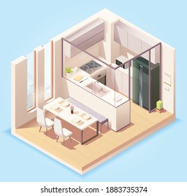 Modern kitchen room interior with furniture and household appliances in isometric style