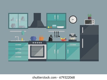 Modern kitchen room interior with furniture and cooking devices. Indoor house design. Home art. Colorful flat vector illustration.