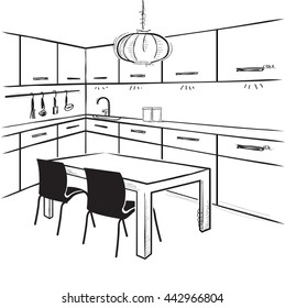 Modern kitchen room.Vector sketchy illustration on isolated white