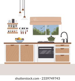 Modern kitchen set design next to window. On wall shelves and knife magnetic strip. Different species organizers and containers with groats. Kitchen interior scene hand drawn flat vector illustration