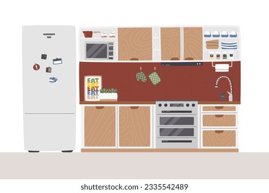 Cocina moderna con electrodomésticos y utensilios. Escena doméstica acogedora de estilo moderno de mediados de siglo. Comedor con una gran nevera y utensilios de cocina. Ilustración de vector plano con tracción a mano interna