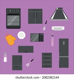 Modern kitchen. A set of items for the kitchen. Refrigerator, stove, microwave oven, drawers, kettle, extractor hood.