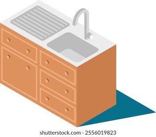 Modern kitchen sink cabinet featuring a built in drying rack, faucet, and multiple drawers is presented in an isometric view, providing a comprehensive perspective of its design and functionality