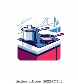 A modern kitchen stove with cooking pots and pans ready for meal preparation