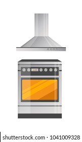 Modern kitchen stove with powerful hood above. Capacious electric oven to cook tasty dishes. Convenient metallic cooker isolated vector illustration.