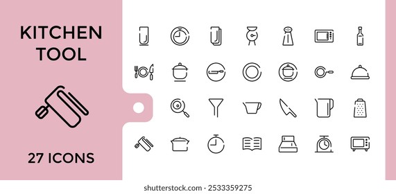 Modern Kitchen Tool Icon Collection. Related to spoon, spatula, knife, grater, whisk, peeler, and more. Minimal line vector illustration. Editable stroke. Pixel perfect.