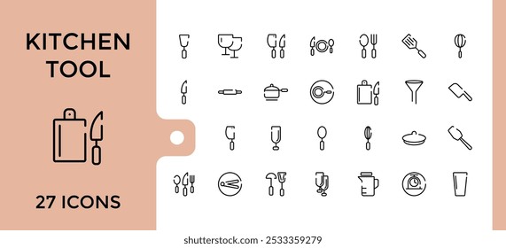 Modern Kitchen Tool Icon Collection. Related to spoon, spatula, knife, whisk, peeler, and more. Minimal line vector illustration. Editable stroke. Pixel perfect.