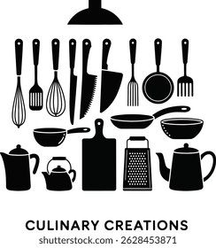 Modern Kitchen Tools Silhouette Set with Cooking Equipment and Appliances Vector