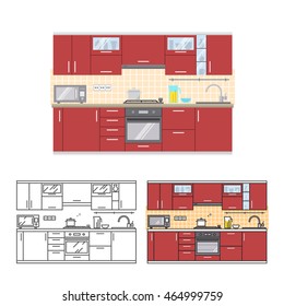 Modern kitchen wall interior. For web design, banner, flyer, mobile and application interface, also useful for infographics. Flat style vector illustration isolated on white background.