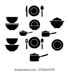 Modern Kitchenware and Cooking Utensils Flat Design Vector Set featuring Black Silhouette Icons of Pots, Pans, Bowls, Plates, and Cutlery on a Clean White Background for Home and Restaurant Use