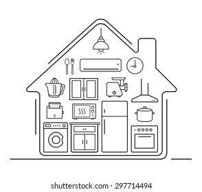 Modern kitchenware thin line icons . Kitchen interior with electronics and furniture illustration. Cooking appliances. Vector house outline drawing concept isolated on white