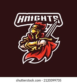 Modern knight logo design for esport sport team mascot. Half body armor, sword and robe or cloak vector icon