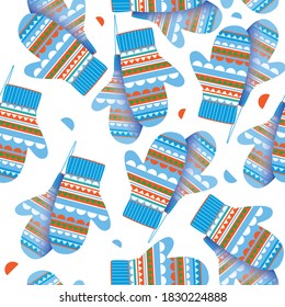 Modern knitted mittens seamless pattern. Modern flat vector stock illustration with ornamented mitten design for wrapping paper, textile, banner, web, app. Random Patterned Blue Mittens
