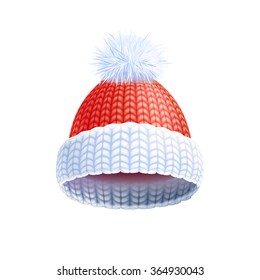 Modern Knitted Two Colored Beanie Style Hat With Pompom For Winter Sport Headwear Flat Print Vector Illustration 
