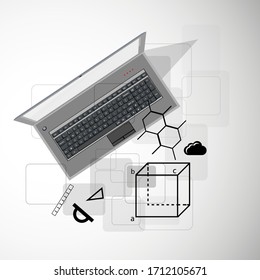 Modern knowledge development using internet education in vector. e-learning, laptop, internet, science, simbols,concept digital and distance online learning. 