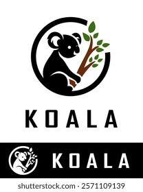 Modern koala logo design featuring a black koala sitting on a tree branch with green leaves