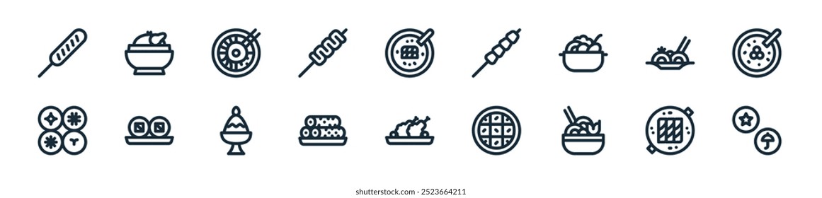 modern korean food icon pack. perfect for linear ui designs featuring vector daona, galbi, jjamppong, pangjeon, yangnyeom tongdak, baby kimbap, bingsu and more icons for mobile and web apps.