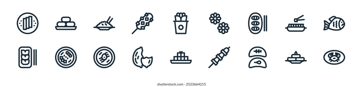 Icono de comida coreana moderna. perfecto para diseños de UI lineales con salsa de soja Vector, hotteok, bukkumi, dakkochi, dotori muk, batata, kongguksu y más iconos para App móviles y de Web.